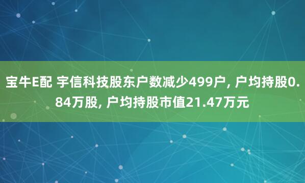 宝牛E配 宇信科技股东户数减少499户, 户均持股0.84万股, 户均持股市值21.47万元